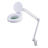 Didinamasis LED šviestuvas su lupa, tvirtinamas prie stalo, 5 dioptrijos