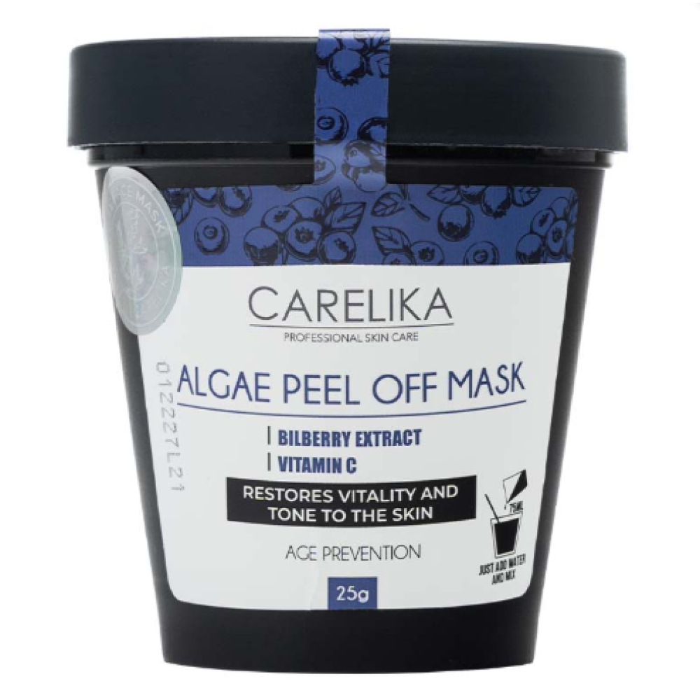 CARELIKA Algea Peel Off Mask Bilberry — plėvinė nusilupanti mėlynėlių kaukė jautriai odai su kuperozės požymiais, 25 g (CPBM025)