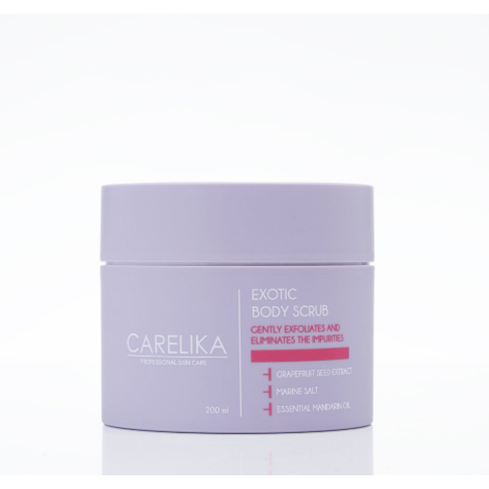 CARELIKA Exotic Body Scrub – kūno šveitiklis su greipfrutu, jūros druska ir eteriniu mandarinų aliejumi, 200 ml
