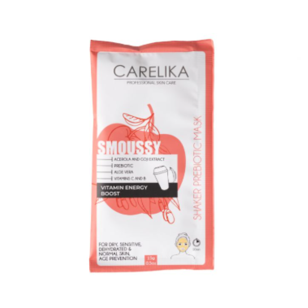 CARELIKA Shaker Prebiotic Smoussy Mask Acerola ir Goji – vitaminų putų šeikerio kaukė su prebiotikais, 15 g (CPSMVEB015P)