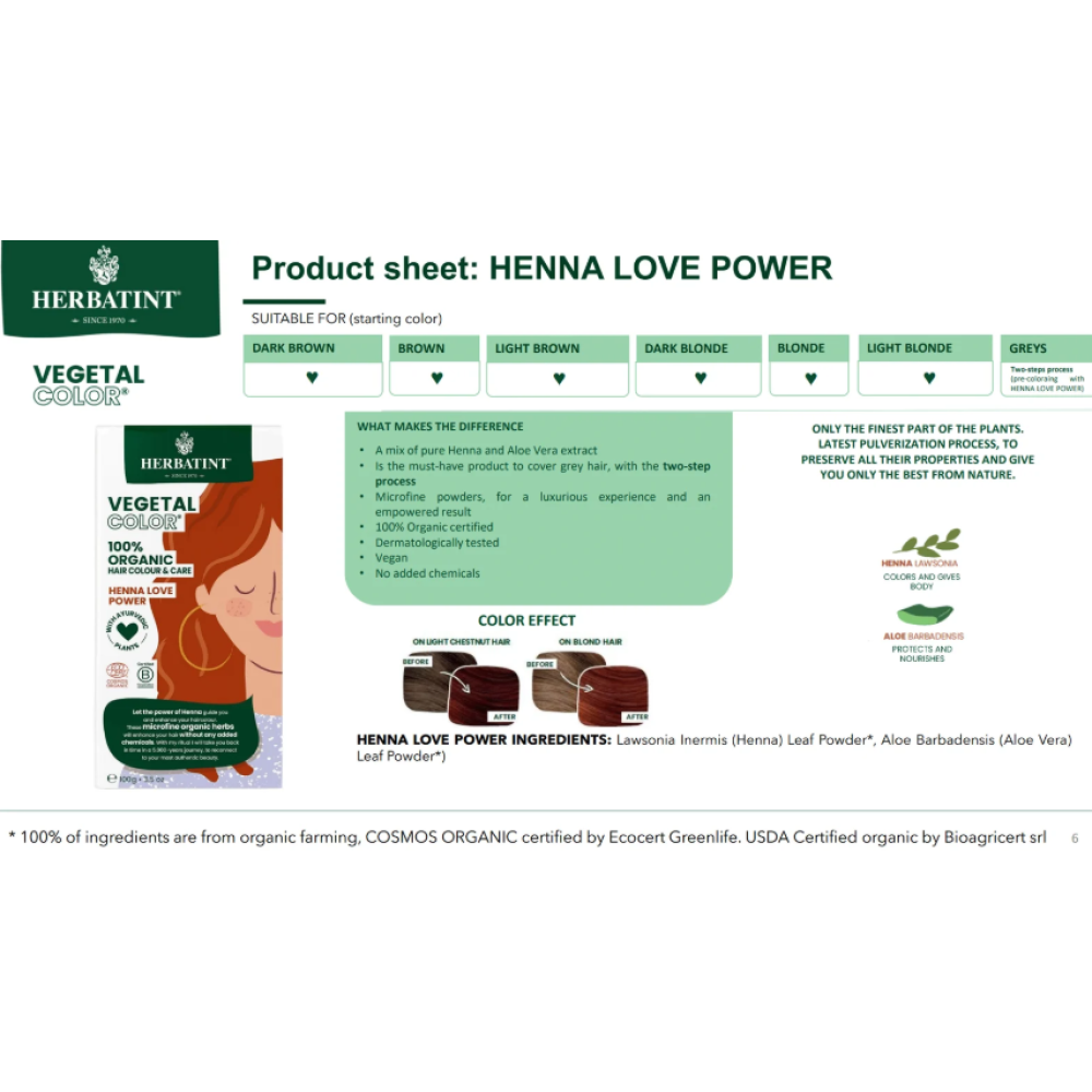 HERBATINT Vegetal Color – organinė plaukų spalva (Henna Love Power / Ruda) (Herb-henna-love)