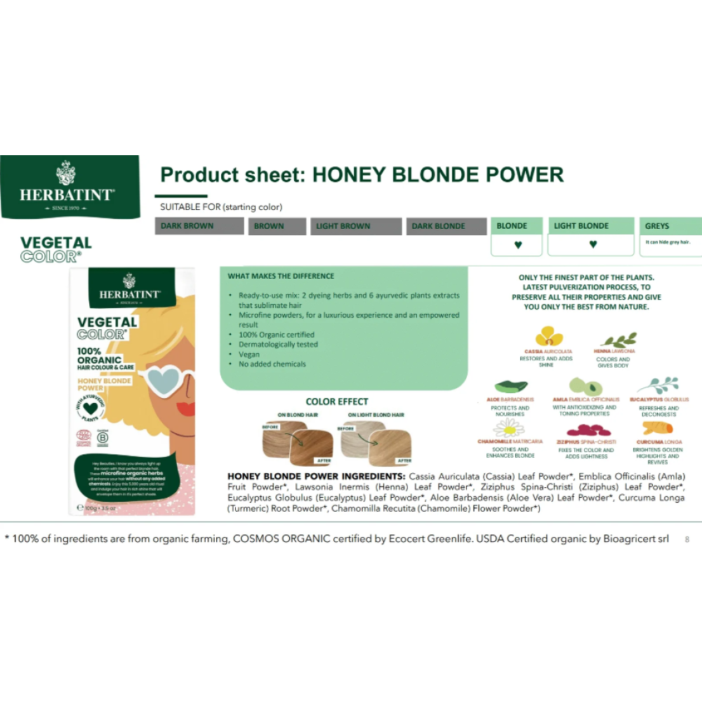 HERBATINT Vegetal Color – Organinė plaukų spalva (Honey Blond Power / Medaus blondas) (Herb-honey-blond)