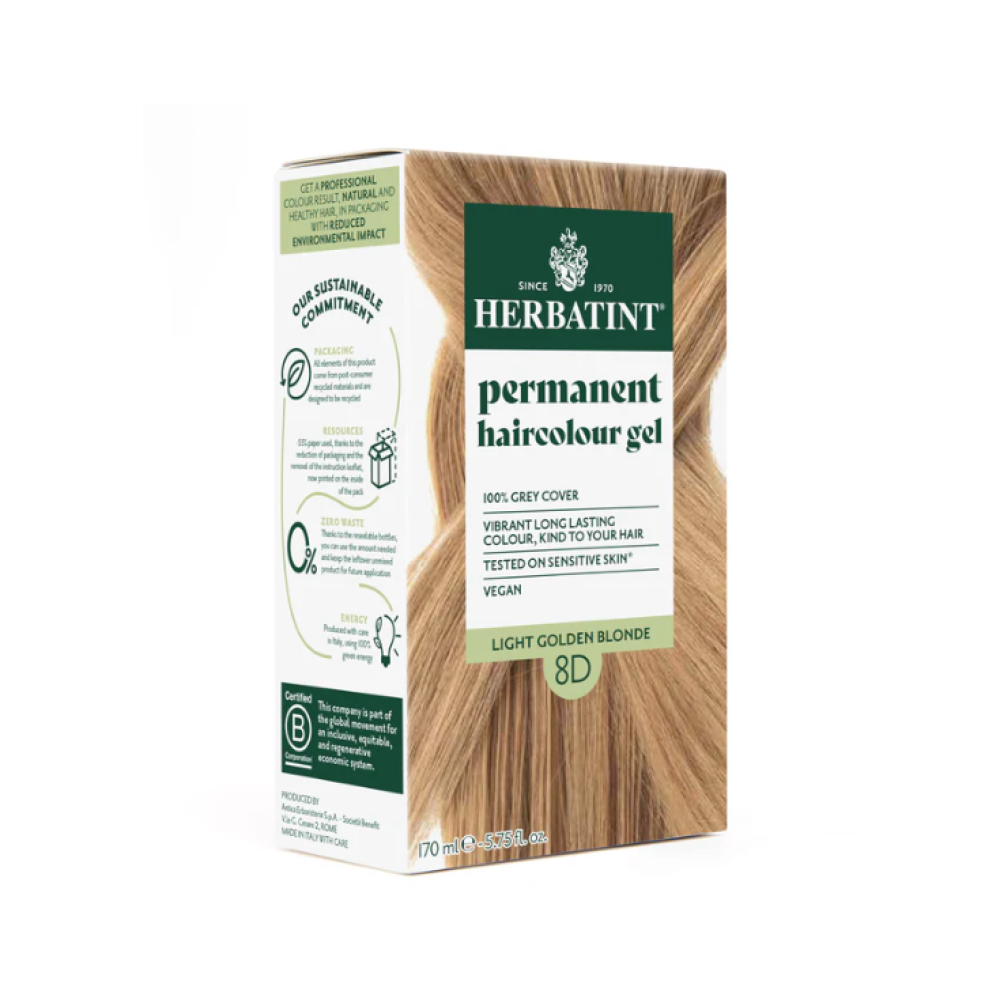 HERBATINT ilgalaikiai natūralūs augaliniai geliniai plaukų dažai – 8D (šviesiai auksinė blondinė) (Herbatint8D)