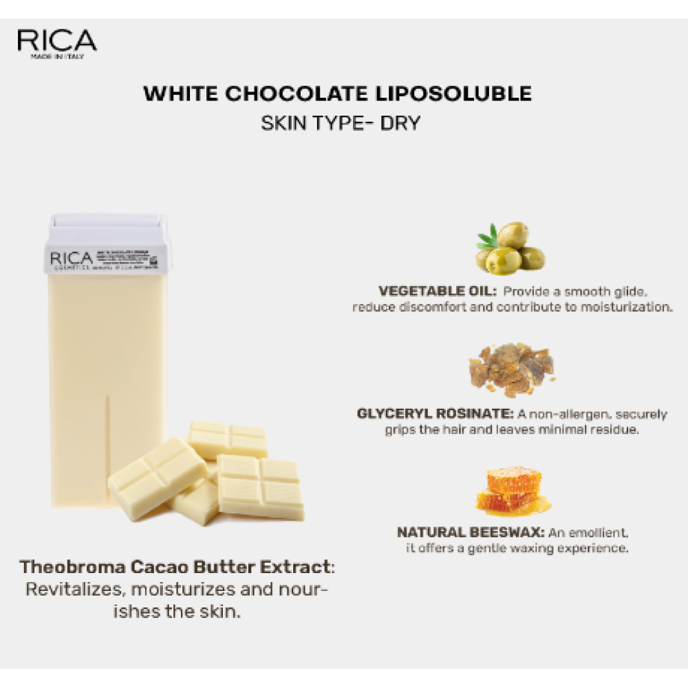 RICA White Chocolate – baltos šokoladės vaškas, 100 ml (CRRGDCB)