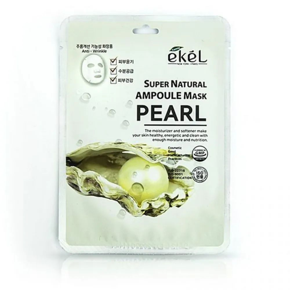 EKEL Super Natural Ampoule Mask Pearl – balinamoji audinio kaukė su perlų milteliais nuo pigmentinių dėmių ir vasarinių strazdanų