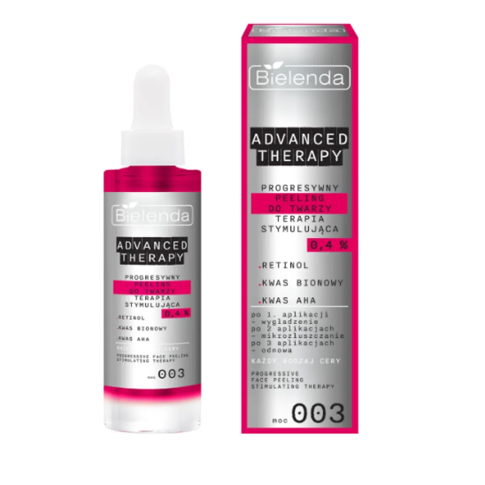 Bielenda Advanced Therapy Progresyvus stimuliuojantis veido šveitiklis su 0,4 % retinolio, AHA ir bionine rūgštimi (003), stimuliuojanti terapija, 30 ml
