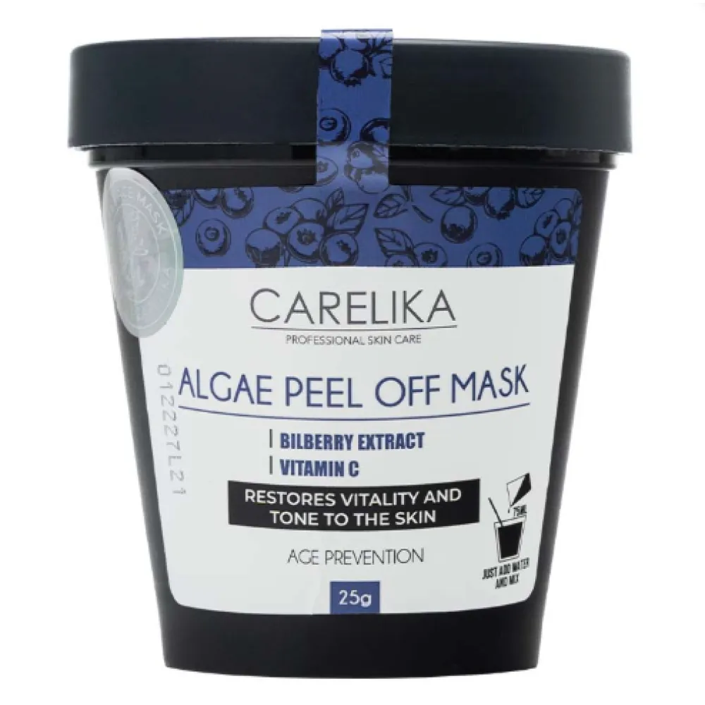 CARELIKA Algea Peel Off Mask Bilberry — plėvinė nusilupanti mėlynėlių kaukė jautriai odai su kuperozės požymiais, 25 g