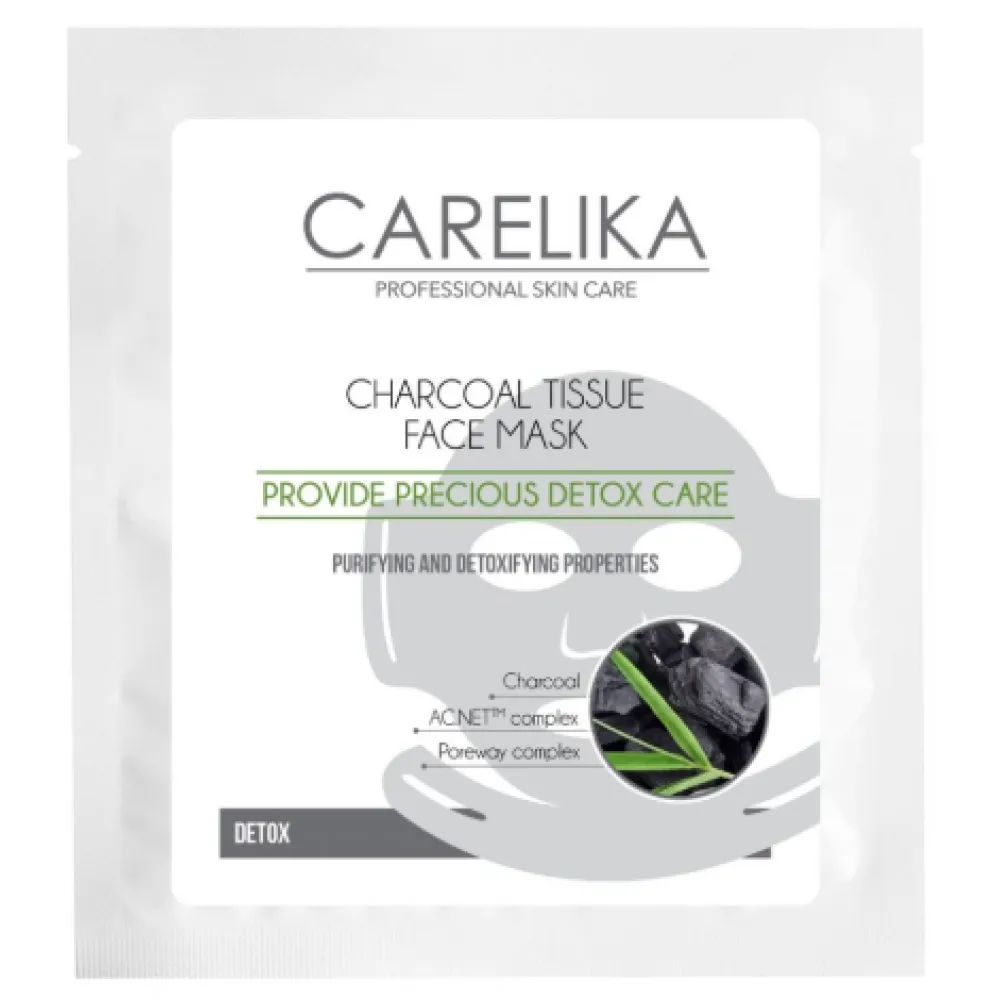 CARELIKA Charcoal Tissue Face Mask Detox - Valomoji ir detoksikuojanti audinio veido kaukė su aktyvuota anglimi, 23 ml