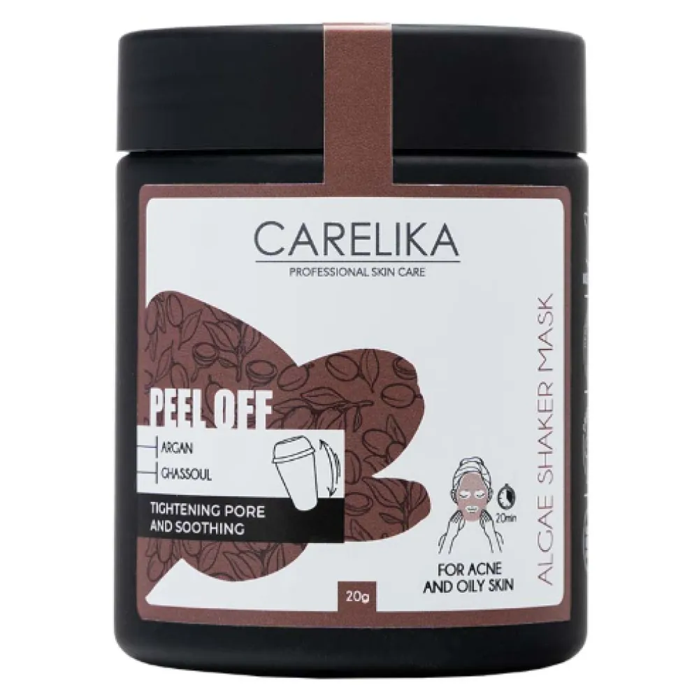 CARELIKA Shaker Peel Off Mask Argan-Ghassoul – argano ir ghassoul molio nuplėšiama kaukė, 20 g