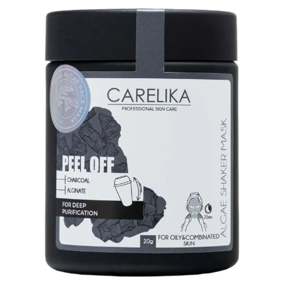 CARELIKA Shaker Peel Off Mask Charcoal - valanti ir detoksikuojanti kaukė su aktyvintąja anglimi, 20 g