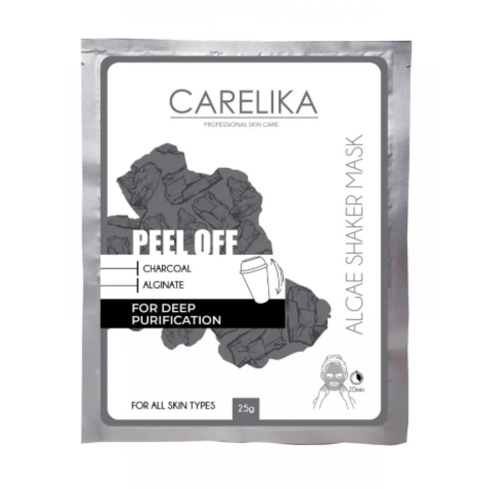CARELIKA Shaker Peel Off Mask Charcoal – valomoji ir detoksikuojanti kaukė su aktyvuota anglimi, 20 g.