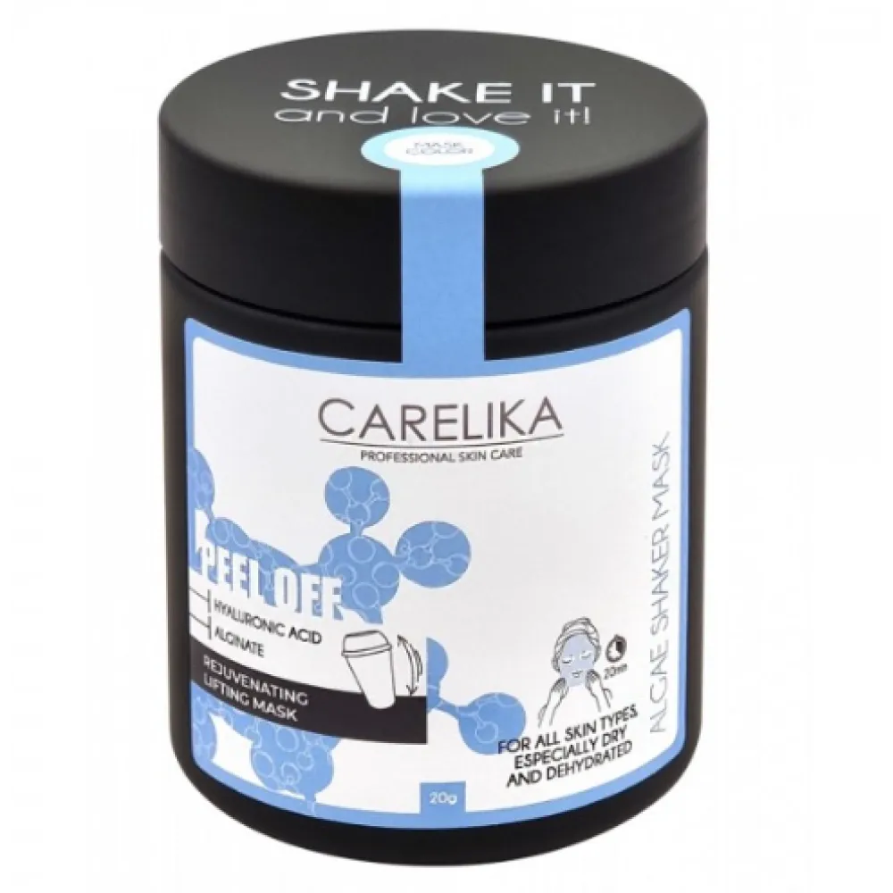 CARELIKA Shaker Peel-Off kaukė su hialurono rūgštimi — atnaujinanti liftingo kaukė, 20 g.