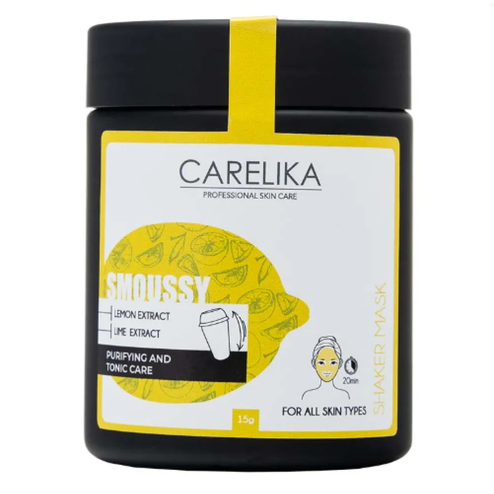 CARELIKA Shaker Smoussy Mask Lemon-Lime - Tonizuojanti ir valanti citrinų-laimų putų kaukė, 15 g.