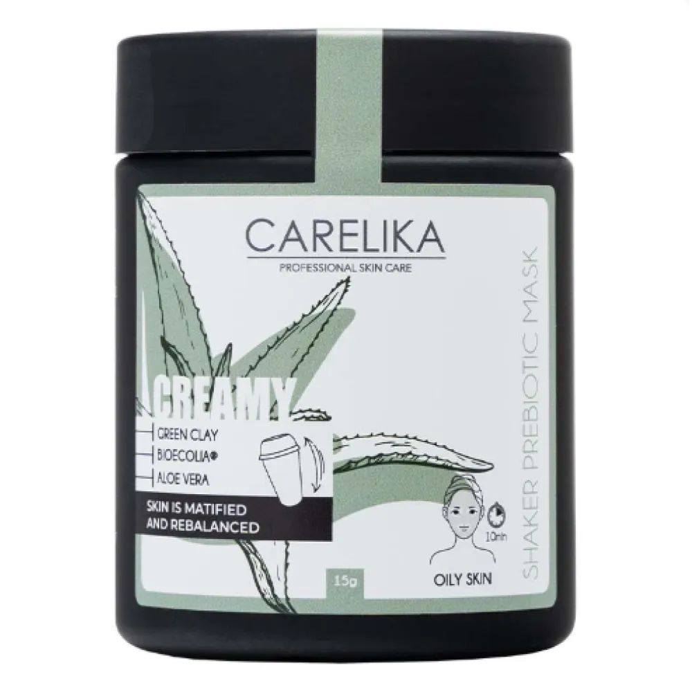CARELIKA Shaker Prebiotic Creamy Mask Green Clay – matizuojanti kremiška kaukė su prebiotikais ir žaliuoju moliu, 15 g