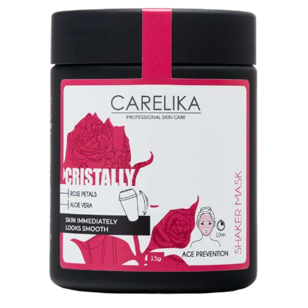 CARELIKA Shaker Prebiotic Cristally Mask Rose Petals – anti-senėjimo kaukė su rožių žiedlapiais, 15 g