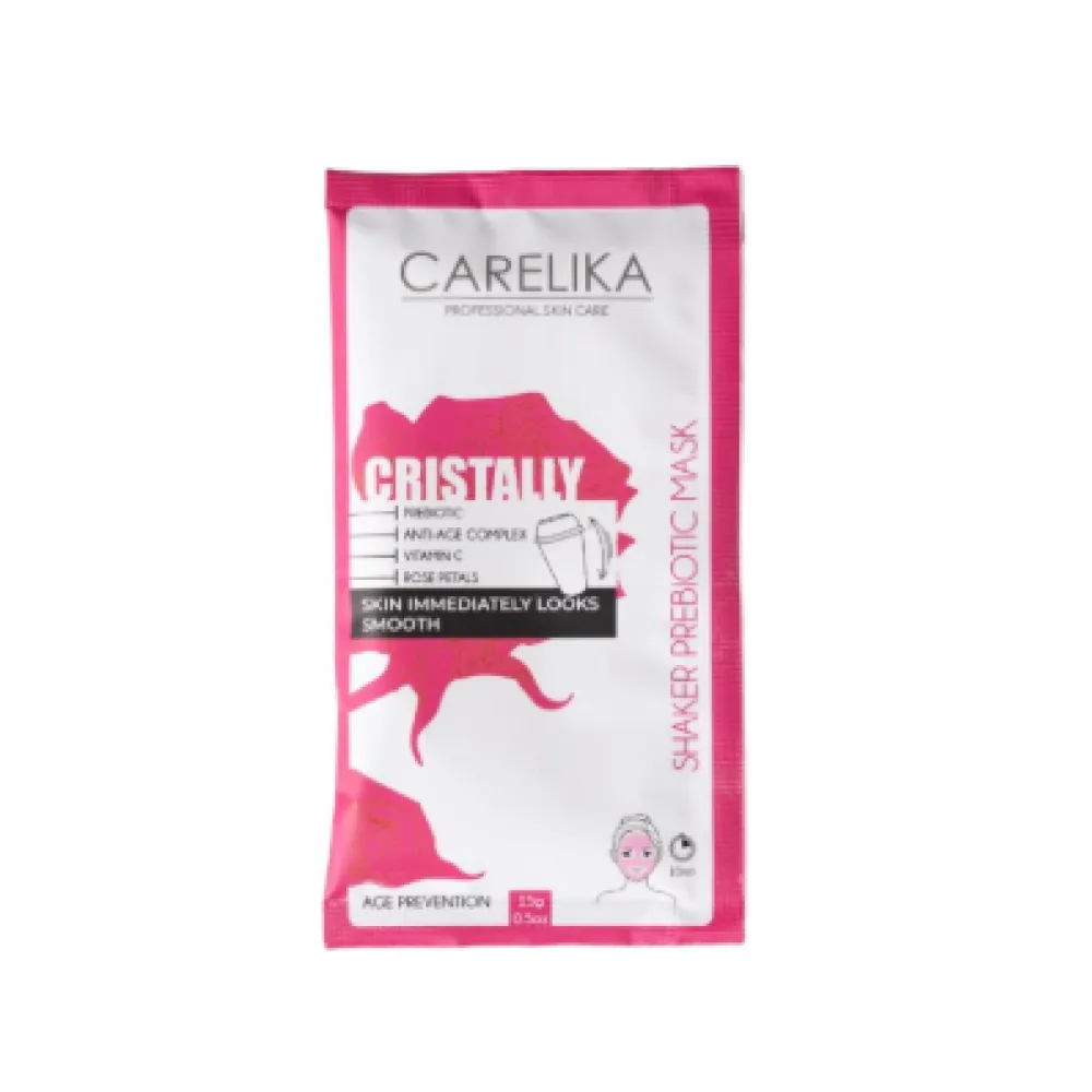 CARELIKA Shaker Prebiotic Cristally Mask Rose Petals – prebiotinė anti-senėjimo kaukė su rožių žiedlapiais, 15 g