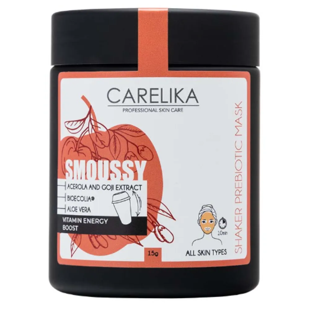 CARELIKA Shaker Prebiotic Smoussy Mask Acerola and Goji – vitaminų putų šeikerio kaukė su prebiotikais, 15 g