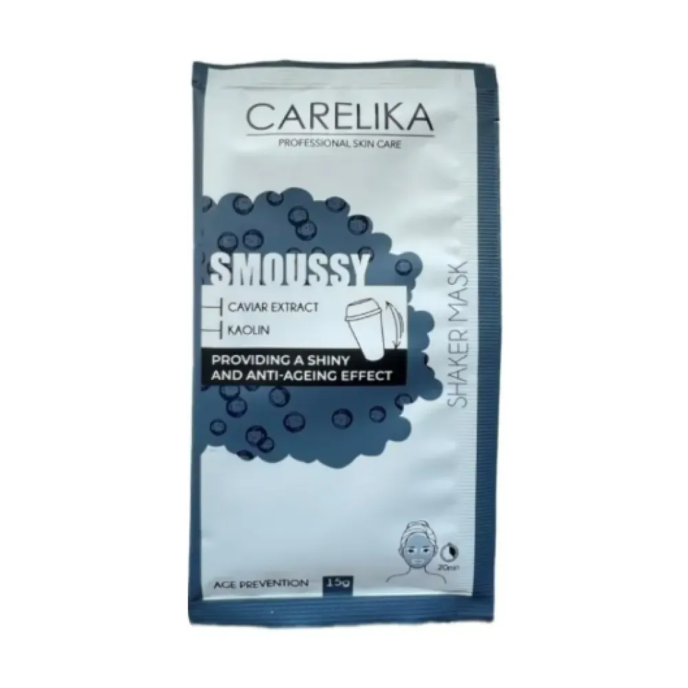 CARELIKA Shaker Smoussy Mask Caviar – švytėjimo ir priešraukšlinė putų kaukė su ikrais, 15 g.