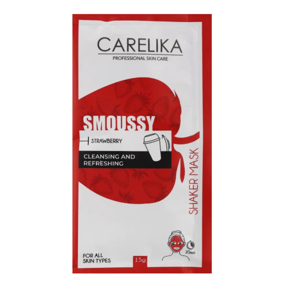 CARELIKA Shaker Smoussy Mask Strawberry – gaivinanti ir valanti braškių putų kaukė, 15 g.