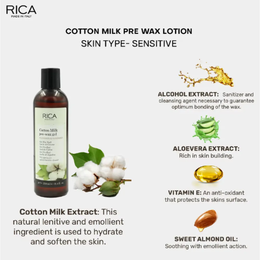 RICA Cotton Milk Pre-wax gel – gelis su medvilnės ekstraktu prieš depiliaciją, 250 ml